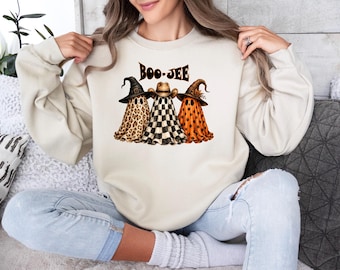 Leopard Ghost Halloween Sweatshirt, Checkered Boo Jee Hoodie, Spooky Season Pullover