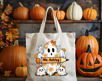 Personalized Halloween Teacher Canvas Tote, Ghost Educator Bag, Custom Pencil Tote