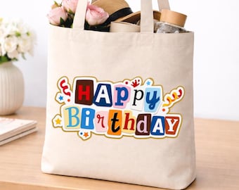 Happy Birthday Canvas Tote Bag, Colorful Birthday Tote, Party Carryall