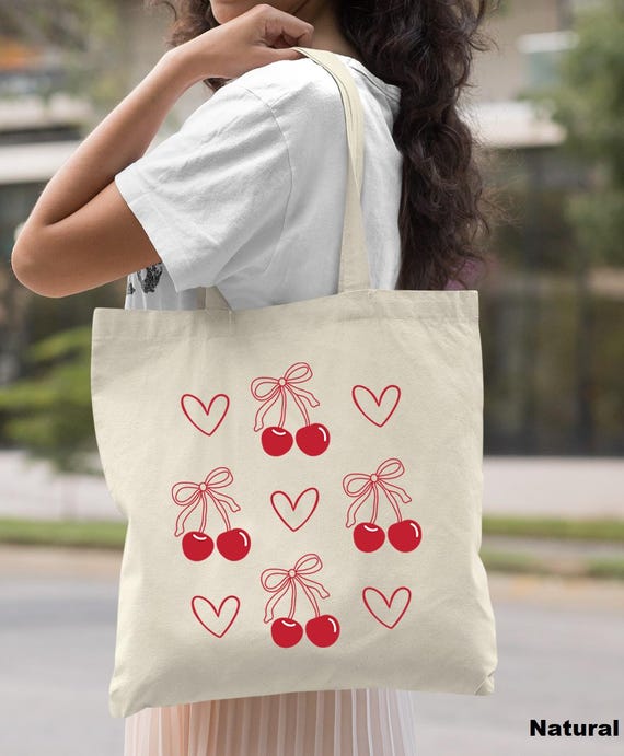 Coquette Cherry Tote Bag: Bow Accent, Canvas Shopper - Etsy