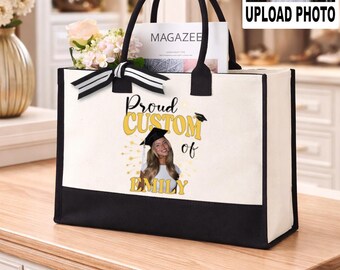 Custom Photo Name Graduation Tote Bag, Personalized Proud Grad Canvas Bag, Class Of 2027