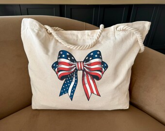 America Flag Bow Tote Bag: 4th of July Reusable Canvas Bag
