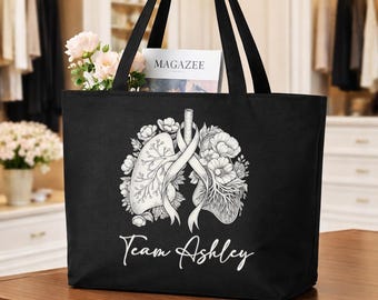 Personalized Lung Cancer Awareness Canvas Tote, Custom Name Bag, Floral Ribbon Tote