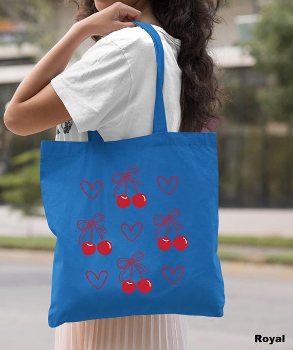 Coquette Cherry Tote Bag: Bow Accent, Canvas Shopper - Etsy