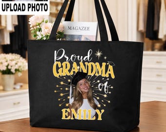 Personalized Proud Grandma Tote Bag, Custom Photo Name Canvas Tote, Class Of 2027
