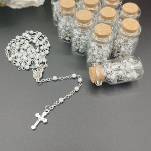 Glass Bottle Rosary Favors: White Beaded Necklace, Crucifix Charm (Set of 12)