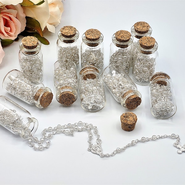 12pcs Clear Pearl Rosary in Glass Bottle Beaded Necklace w/ Crucifix Cross w/ Organza Bag Baptism Charm Party Favors Recuerdos de Bautizo