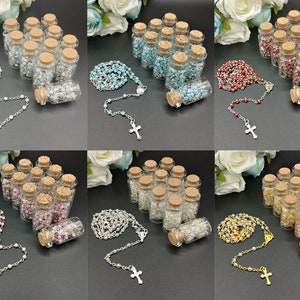 12pcs Rosary in Glass Bottle w/ Beaded Necklace & Crucifix Cross Charm Baptism/Christening Party Favor Recuerdos de Bautizo w/ Organza Bag