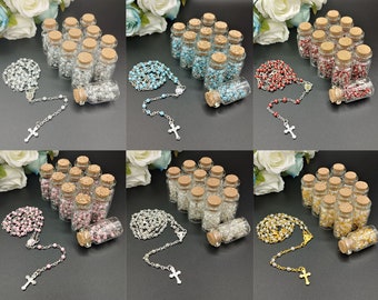 12 Glass Bottle Rosaries: Beaded Necklace, Crucifix Charm - Baptism Favors