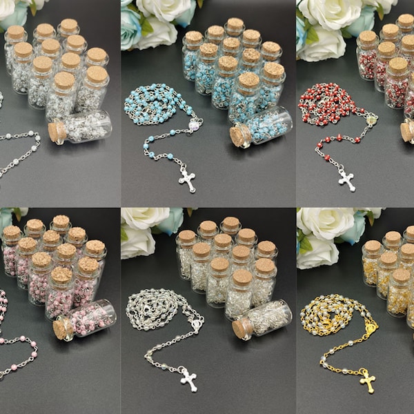 12 Glass Bottle Rosaries: Beaded Necklace, Crucifix Charm - Baptism Favors
