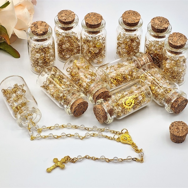 12pcs Clear Pearl Rosary in Glass Bottle Beaded Necklace w/ Crucifix Cross Charm Baptism Party Favors Recuerdos de Bautizo w/ Organza Bag