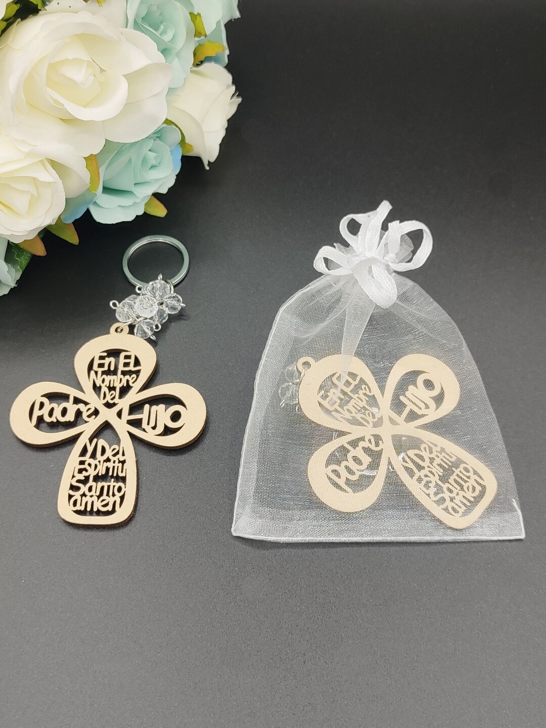 Wooden Cross Keychain: Baptism Christening Party Favors With Organza ...