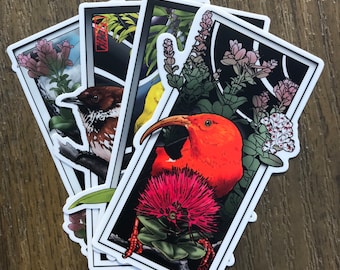 May include: A set of four stickers featuring colourful illustrations of native Hawaiian birds and flowers. The stickers are printed on white paper with black outlines and are approximately 7.6 cm tall.