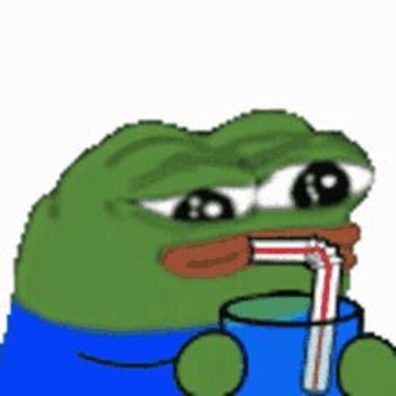 May include: A green cartoon frog with large eyes and a red mouth is drinking from a blue cup with a red and white striped straw. The frog is wearing a blue shirt.