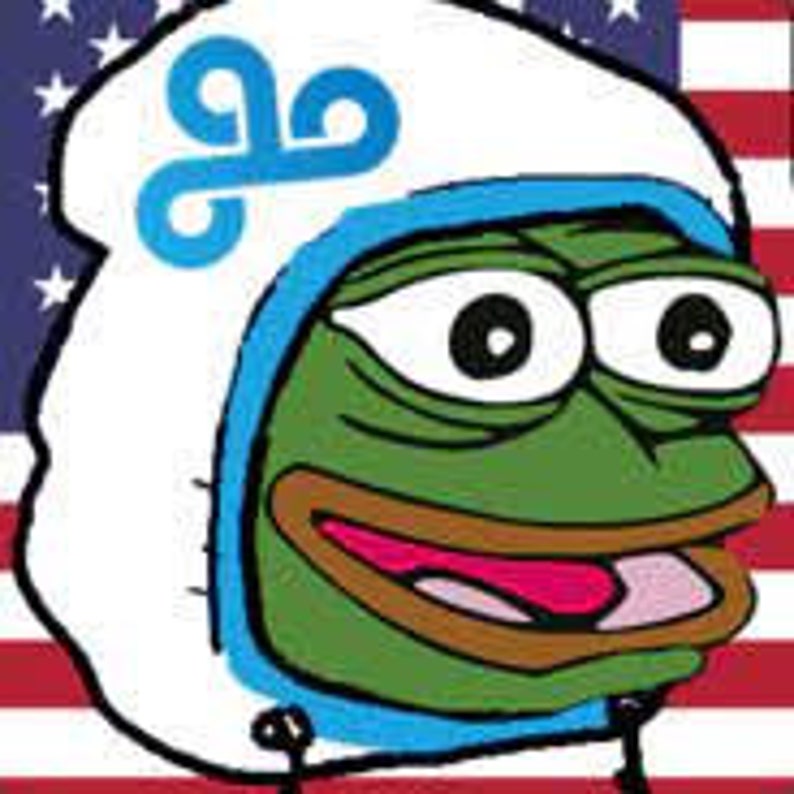 May include: A cartoon image of a green frog wearing a white hoodie with a blue trim and logo. The frog has large eyes and an open mouth. The background features the American flag.