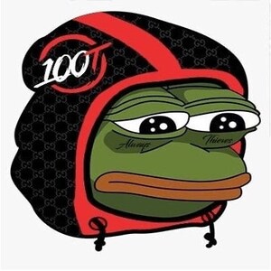 May include: A cartoon image of a green frog wearing a black and red hooded sweatshirt with a repeating pattern. The hood has the number "100" in white. The frog has the words "Always" and "Thieves" tattooed on its face.