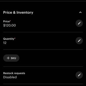 May include: A screenshot of an Etsy listing for a product with a price of $120.00 and a quantity of 12. The listing is titled "Jorge Test listing do not update".