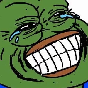 May include: A cartoon illustration of a green frog-like character with a wide, toothy grin and tears streaming from its eyes. The character's expression conveys intense laughter or amusement, with exaggerated features and bold outlines.