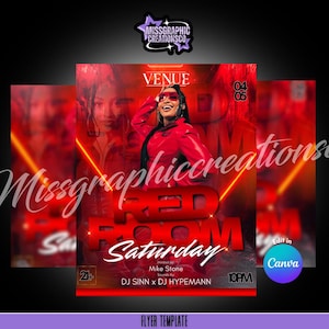 Könnte beinhalten: Flyer-Vorlage für eine Party namens "Red Room Saturday" mit rotem Hintergrund und einer Frau in einer roten Jacke. Der Flyer enthält den Text "Venue", "Hosted by Mike Stone", "Sounds by DJ SINN x DJ HYPEMANN", "10PM", "21+" und "Edit in Canva".