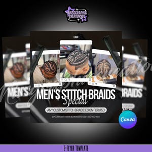 Könnte beinhalten: Ein Flyer, der Herren-Zopf-Flechten für 50 € bewirbt. Der Flyer zeigt drei Fotos von Männern mit verschiedenen Zopf-Flechten-Designs. Der Text auf dem Flyer lautet "Herren-Zopf-Flechten Special" und "Jedes individuelle Zopf-Flechten-Design für 50 €". Der Flyer enthält auch den Text "In Canva bearbeiten".