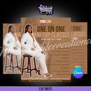 Puede incluir: Una plantilla de folleto para clases de maquillaje individuales. El folleto presenta a una mujer con un traje blanco sentada en un taburete. El folleto es marrón con texto blanco e incluye el texto "One on One Makeup Classes" y "Beginner 1 on 1 class".