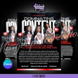 May include: A black and red flyer with the text "Dominating Content" in large white letters. The flyer advertises a 2-day content creator course to help people launch and expand their online presence. The flyer includes the dates "Sept 6th-8th" and "Tickets Go On Sale On Aug 10th".