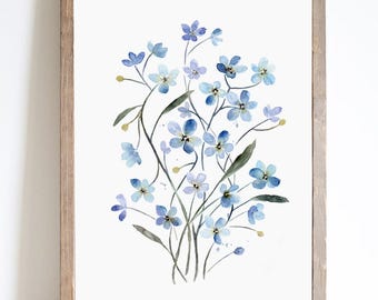 印刷可能な忘れな草の水彩画、忘れな草の絵画、野生の花の装飾、青い