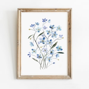 Não me esqueças, aquarela/impressão de arte de parede floral azul/pintura de flores não me esqueças/aquarela de flores silvestres/flores botânicas para impressão minimalista