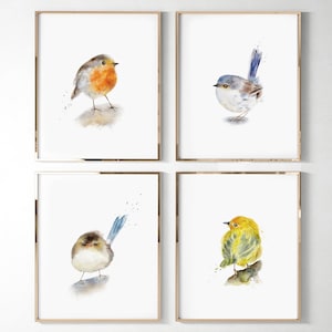 Vogel Wandbild / Vogel Kunst bedruckbar / Aquarell Malerei / 4er Set / Kleiner Vogel Kunstdruck / Kinderzimmer Wand Kunst / minimalistisches Vogeldekor