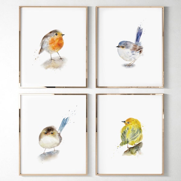 Bird Wall Art/ Bird Art Printable/Watercolor painting/Bird Print Set Of 4/Little Bird Art Print/Nursery Wall Art Print/Minimalist Bird Decor