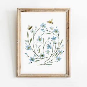 Forget Me Not Print/Forget Me Not Watercolor/Forget Me Not Wall Art/Blue Floral Prints/Forget Me Not Poster/Printable Artwork/Bees Art Print