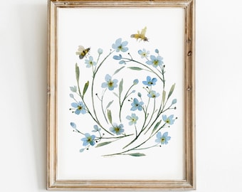 Forget Me Not Print/Forget Me Not Watercolor/Forget Me Not Wall Art/Blue Floral Prints/Forget Me Not Poster/Printable Artwork/Bees Art Print