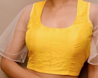 Made To Order Yellow Dupion Silk Blouse In RoundNeck And Loose Net Sleeves,Back Open Blouse,Indian Blouse,Saree Blouse,All Size Available..