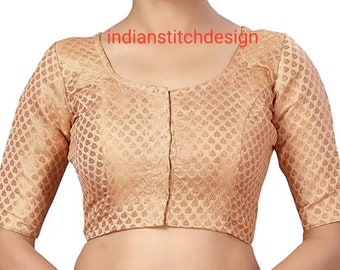 Made To Order Peach Chanderi Blouse In Round Neck, Elbow Sleeves Blouse, Indian Blouse, Ethnic Blouse,Women Blouse, Saree Blouse..
