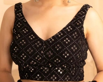 Hecho a pedido Blusa de trabajo de espejo negro en la parte delantera y trasera Cuello en V y blusa sin mangas abierta en la espalda, blusa india, blusa sari, todos los tamaños..