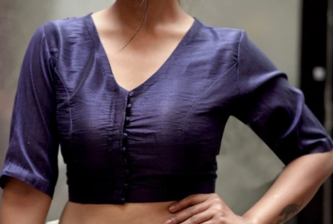 Handmade Navy Blue Dupion Silk Blouse in Front V Neck and Back Boat