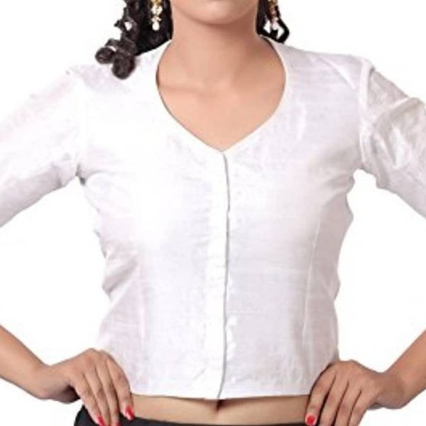 White Plain Silk Blouse In Front V Neck And Elbow sleeves,Without Pads, Saree Blouse, Indian Blouse, All Size Available...