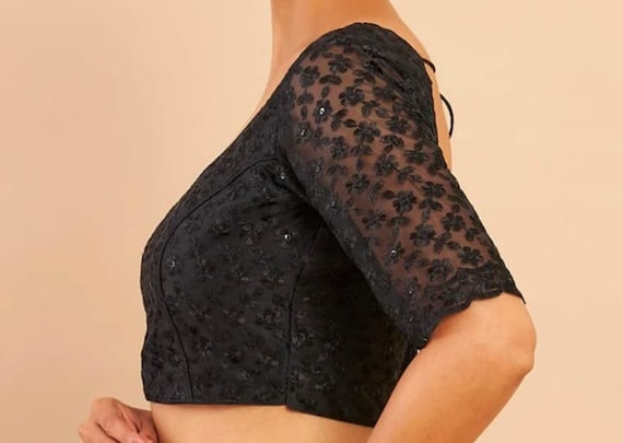 Black Thread And Sitara Work Net Blouse In Round Neck And Elbow Sleeves, Indian Blouse, Saree Blouse,,All Size Available