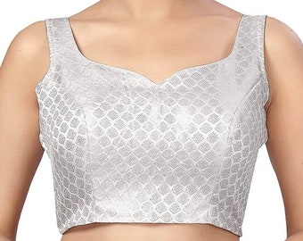 Ready To Wear White Brocade Blouse In Sweetheart Neck And Sleevless, Indian Saree Blouse, Wedding Blouse, PartyWear Blouse,