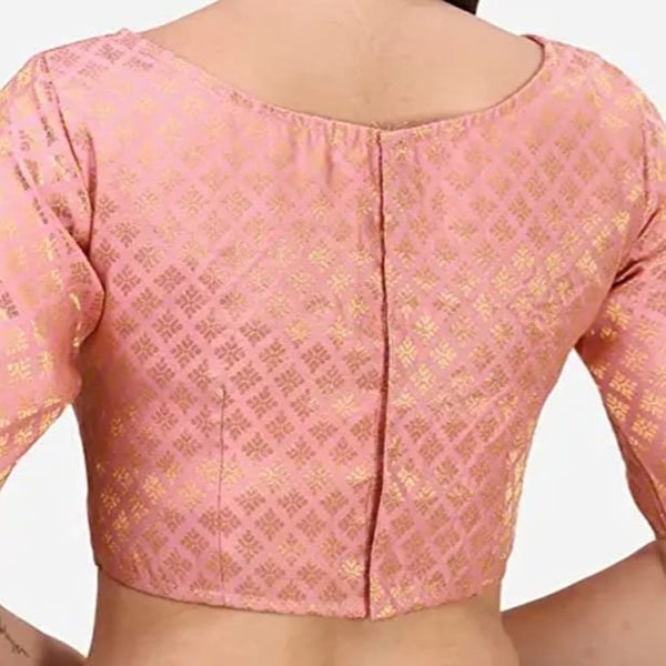 Handmade Light Pink Brocade Blouse In Boat Neck And Elbow Sleeves, Back Open Blouse, Saree Blouse, Indian Blouse, All Size Available...