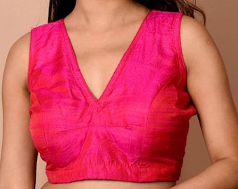 Hermosa Blusa Seda Tapeta Rosa Fuerte En Frente Y Espalda Escote En V Y Sin Mangas, Blusa India, Blusa De Novia....