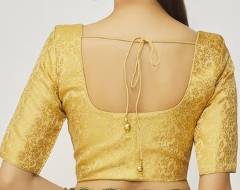 Golden Brocade Blouse In Round Neck And Elbow Sleeves Blouse, Indian Blouse, Wedding Blouse, All Size Blouse...
