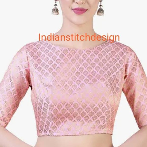 Ready to wear baby pink brocade blouse with boat neck, Indian blouse, saree blouse, saree top, crop top..