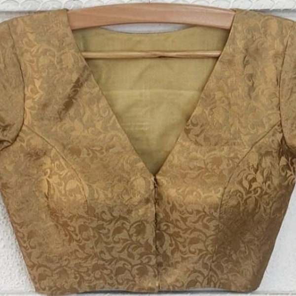 Made to order Golden Chanderi Silk Blouse In Front V And Back Baot Neck Blouse, Elbow Sleeves Blouse, Front open blouse, All Size Available.