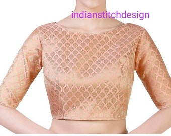 Made To order Peach Brocade Silk Blouse In BoatbNeck With Back Hook, Beautiful Indian Blouse, Saree Blouse, Saree Top, All Size Available..