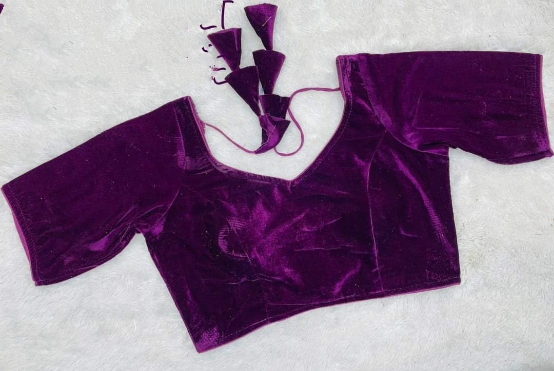 Handmade Purple Velvet Blouse in Sweetheart Neck and Elbow Sleeves