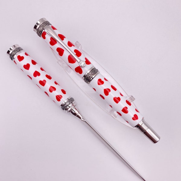 Hand-Turned Majestic Style Gun Metal and Chrome with Hearts Acrylic Pen and Letter Opener