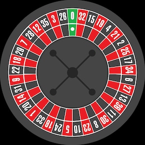 May include: A standard American roulette wheel with red and black numbered slots, a green zero slot, and a spinning ball. The numbers 0, 32, 15, 19, 4, 21, 2, 25, 17, 34, 6, 27, 13, 36, 11, 30, 16, 33, 1, 20, 14, 31, 9, 22, 18, 29, 7, 28, 12, 35, 3, 26 are visible on the wheel.