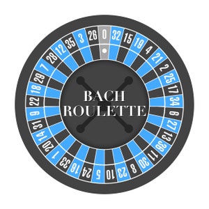 May include: A black and blue roulette wheel with the text "BACH ROULETTE" in the centre. The numbers 1 through 36 are displayed around the wheel, along with a 0.