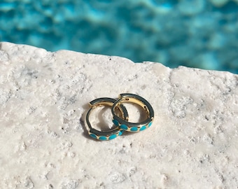 Mitilini Turquoise Huggies by Coella Love • Minimalist • Hypoallergenic • Tarnish Resistant • Small Hoops • Bridesmaid’s Gifts • Mom Gift